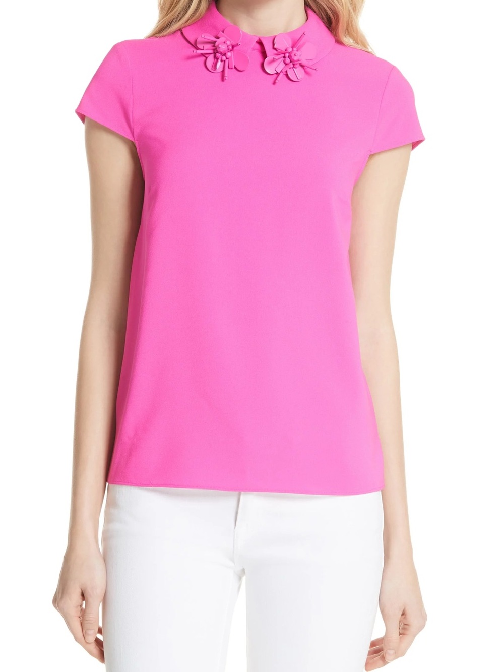 Ted Baker London Bright Pink Floral-Appliqué Collar Cap Sleeve Top